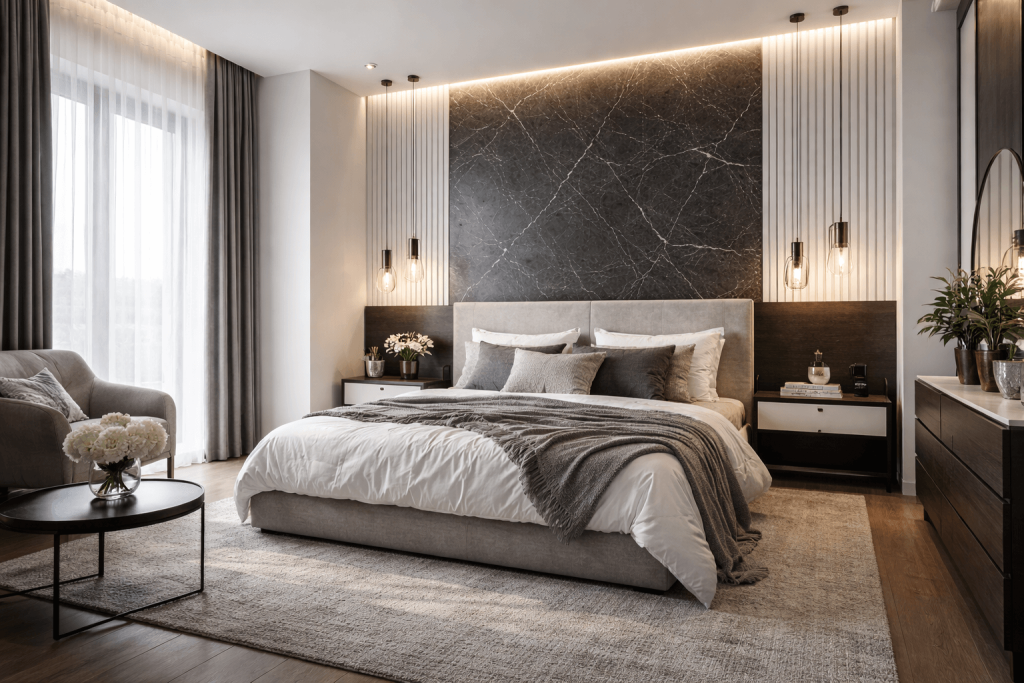 Сочетание и белого и графитового цвета в интерьере спальни