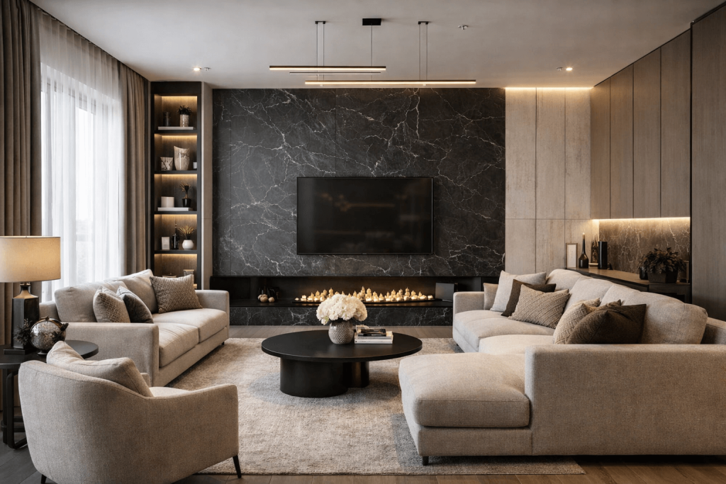 сочетание белого и бежевого цвета в интерьере гостиной